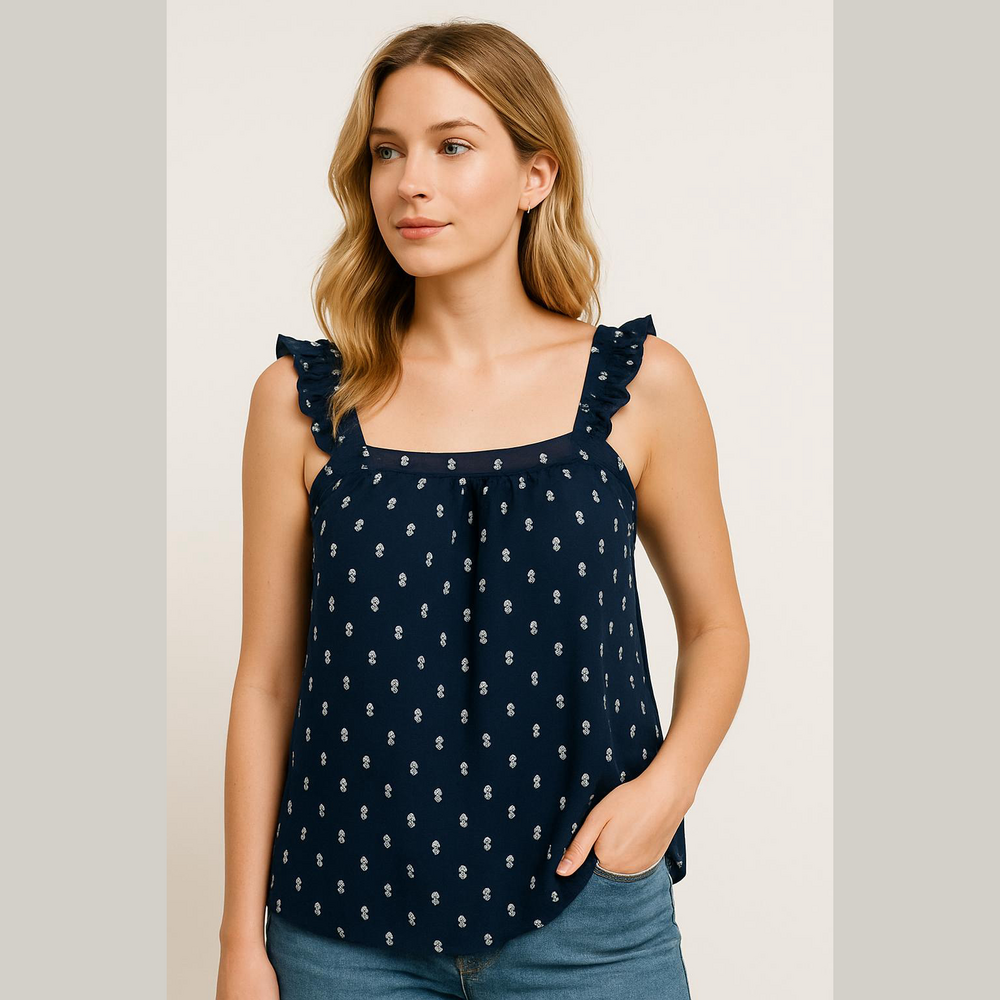 Loft Womens Navy Embroidered Ruffle Sleeveless Loose Fit Tank Top Size XL